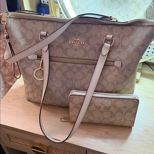 Coach Tan Signature Tote and Wallet Set
